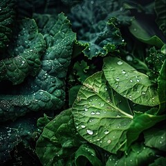 A shot of dark leafy greens with a focus on the droplets of water