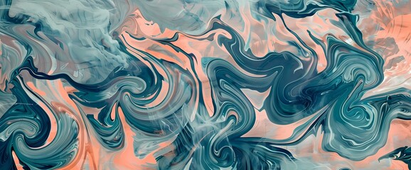 Mint green tendrils creating mesmerizing patterns against a canvas of cobalt gray and soft peach. - obrazy, fototapety, plakaty