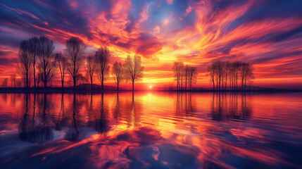 Bright sunset on the shore of a lake with fiery shades of the sky and silhouettes of trees reflected in the water