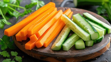 Freshly cut sticks of carrots and cucumbers ready for dipping