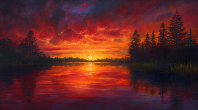 Bright sunset on the shore of a lake with fiery shades of the sky and silhouettes of trees reflected in the water