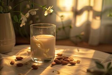 A glass of almond milk with almonds scattered around the base - obrazy, fototapety, plakaty