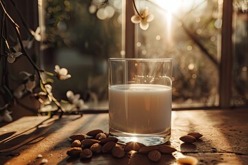 A glass of almond milk with almonds scattered around the base - obrazy, fototapety, plakaty