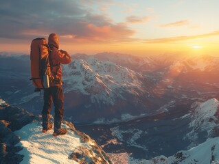 A man with a backpack is standing on a mountain top, looking out at the beautiful sunset. Concept of adventure and awe, as the man takes in the breathtaking view of the mountains and the sky - obrazy, fototapety, plakaty