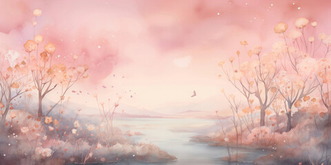 watercolor painting sunset in the forest random tones background paper simple scene dreamy - obrazy, fototapety, plakaty