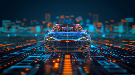 Autonomous car interface, front view digital car in blue and gold, Smart Car Technology