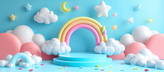  Background podium baby cute product 3d cloud kid children display banner room toy design blue. Podium scene boy background rainbow baby stand studio presentation shower template sale stage poster sky © Katrin_Primak