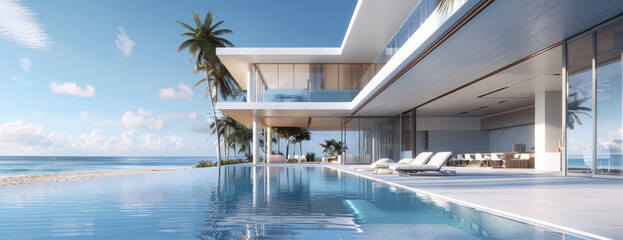 An architectural rendering of the exterior view across an infinity pool of a modernist mansion on beachfront in Miami Beach with white walls and large glass windows overlooking the coastal ocean