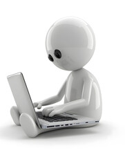 3D cartoon white faceless figure working with laptop isolated on white background