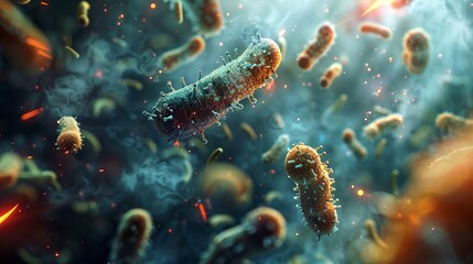 Highly detailed 3D rendering of bacteria with visible cilia floating in a microscopic environment, highlighted by a moody, dark backdrop.