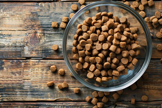 Pet food in bowl on wooden surface viewed from above