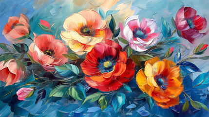 colorful beautiful flowers painted with oil paints. bright summer background