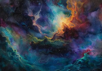 Ethereal depictions of the cosmos, including galaxies, stars, planets, and nebulae, in mesmerizing colors and abstract forms that evoke a sense of wonder and awe - obrazy, fototapety, plakaty