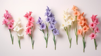 Minimalist composition of assorted gladiolus flowers in full bloom from a top-down perspective,...