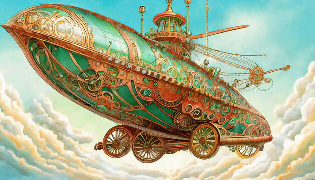 Fantasy steampunk illustration of a flying airship in the sky with clouds