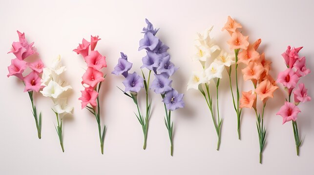 Minimalist composition of assorted gladiolus flowers in full bloom from a top-down perspective, leaving room for your message.