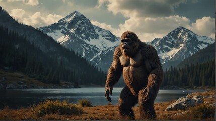 a bigfoot in beautiful dramatic mountain landscape background from Generative AI