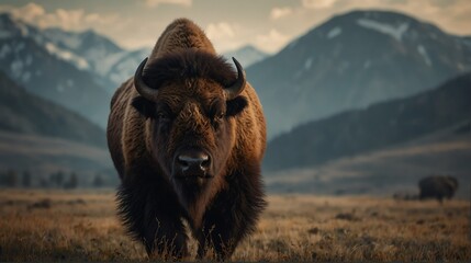 a bison in beautiful dramatic mountain landscape background from Generative AI