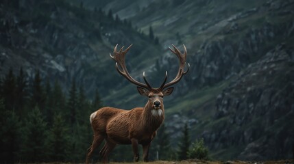 a deer stag in beautiful dramatic mountain landscape background from Generative AI