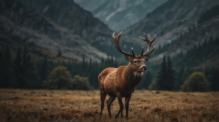 a deer stag in beautiful dramatic mountain landscape background from Generative AI