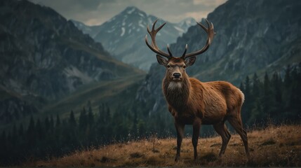 Naklejka na ściany i meble a deer stag in beautiful dramatic mountain landscape background from Generative AI