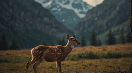 Naklejka na ściany i meble a deer fawn in beautiful dramatic mountain landscape background from Generative AI
