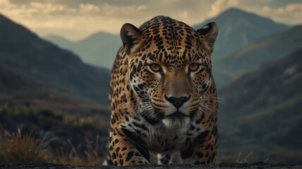 a jaguar panthera in beautiful dramatic mountain landscape background from Generative AI - obrazy, fototapety, plakaty