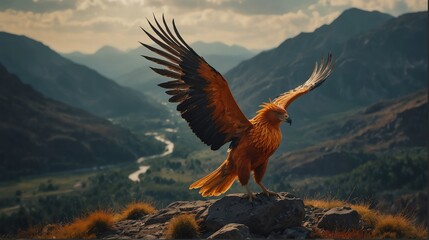 a phoenix in beautiful dramatic mountain landscape background from Generative AI