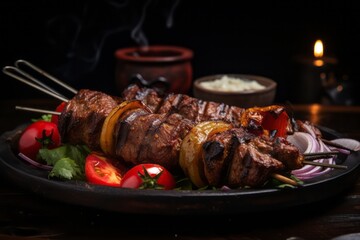 Exquisite kebab on a rustic plate against a dark background