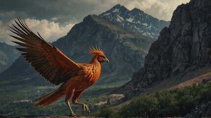 a phoenix in beautiful dramatic mountain landscape background from Generative AI - obrazy, fototapety, plakaty