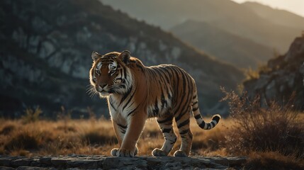 a tiger in beautiful dramatic mountain landscape background from Generative AI
