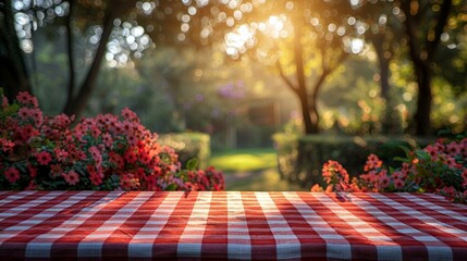 Sunlit garden picnic setting with red checkered tablecloth - obrazy, fototapety, plakaty