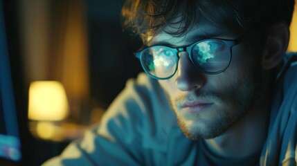 Cinematic 4K shot of a programmer in glasses, intently coding cyber security solutions on their computer - obrazy, fototapety, plakaty