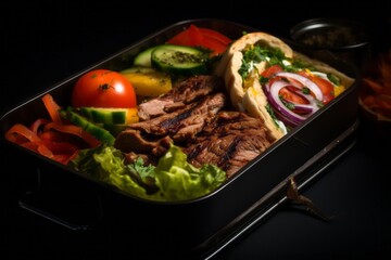 Tempting doner kebab in a bento box against a dark background