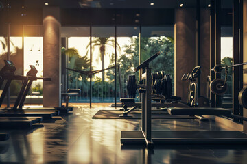 Modern fitness center with gym equipment decoration. - obrazy, fototapety, plakaty