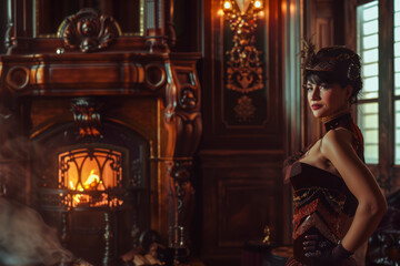 Steampunk world. Portrait of a beautiful steampunk lady standing by the fireplace in a room with Victorian vintage interior. - obrazy, fototapety, plakaty