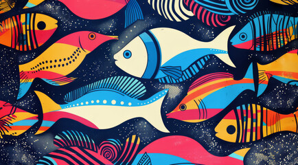  modern pattern of illustration of a fish swimming among vibrant vintage background.	
