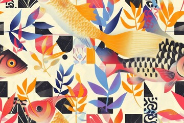 Seamless modern pattern of illustration of a fish swimming among vibrant vintage background.	
