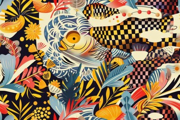 Fototapeta na wymiar Seamless modern pattern of illustration of a fish swimming among vibrant vintage background. 