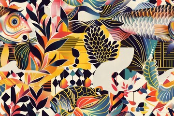 Seamless modern pattern of illustration of a fish swimming among vibrant vintage background.	
