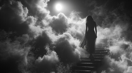 woman going to heaven on heaven stairs with clouds and sunlight - obrazy, fototapety, plakaty