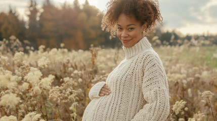 Pregnant woman in knitted sweater holding belly - obrazy, fototapety, plakaty