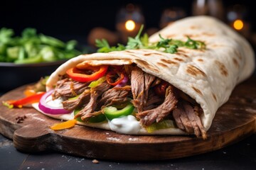 Exquisite doner kebab on a slate plate against a whitewashed wood background