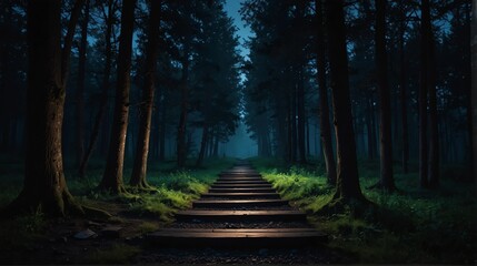 forest night landscape with walkway path beautiful panoramic nature background from Generative AI