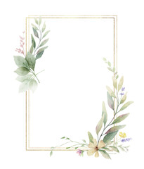 Watercolor vector delicate floral frame with golden geometric shape. Meadow flowers border. Design for wedding invitation, card, save the date, fashion. Holiday decor. Hand drawn illustration.