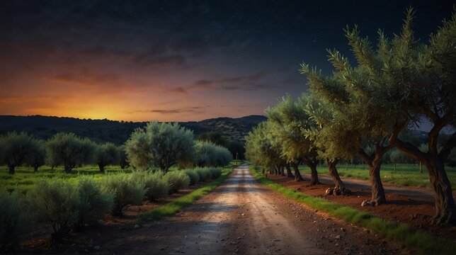 olive farm night landscape with walkway path beautiful panoramic nature background from Generative AI