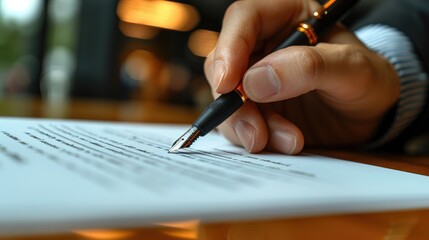 Close-up of a person's hand signing an official document with a classic fountain pen, focus on the tip of the pen. Generative AI