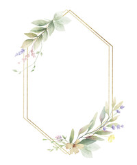 Watercolor vector delicate floral frame with golden geometric shape. Meadow flowers border. Design for wedding invitation, card, save the date, fashion. Holiday decor. Hand drawn illustration. - 779634794