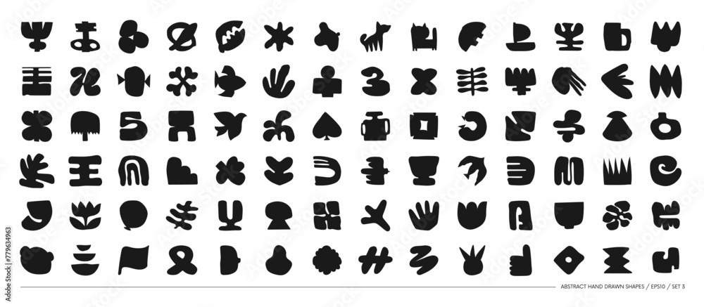 Poster Set of silhouettes minimalistic bizarre abstract geometric unusual shapes and forms in matisse art style, Hand drawn monochrome primitive, Big vector doodle objects and graphic elements, set 3