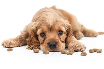 Isolated American cocker spaniel puppy eating food on white background